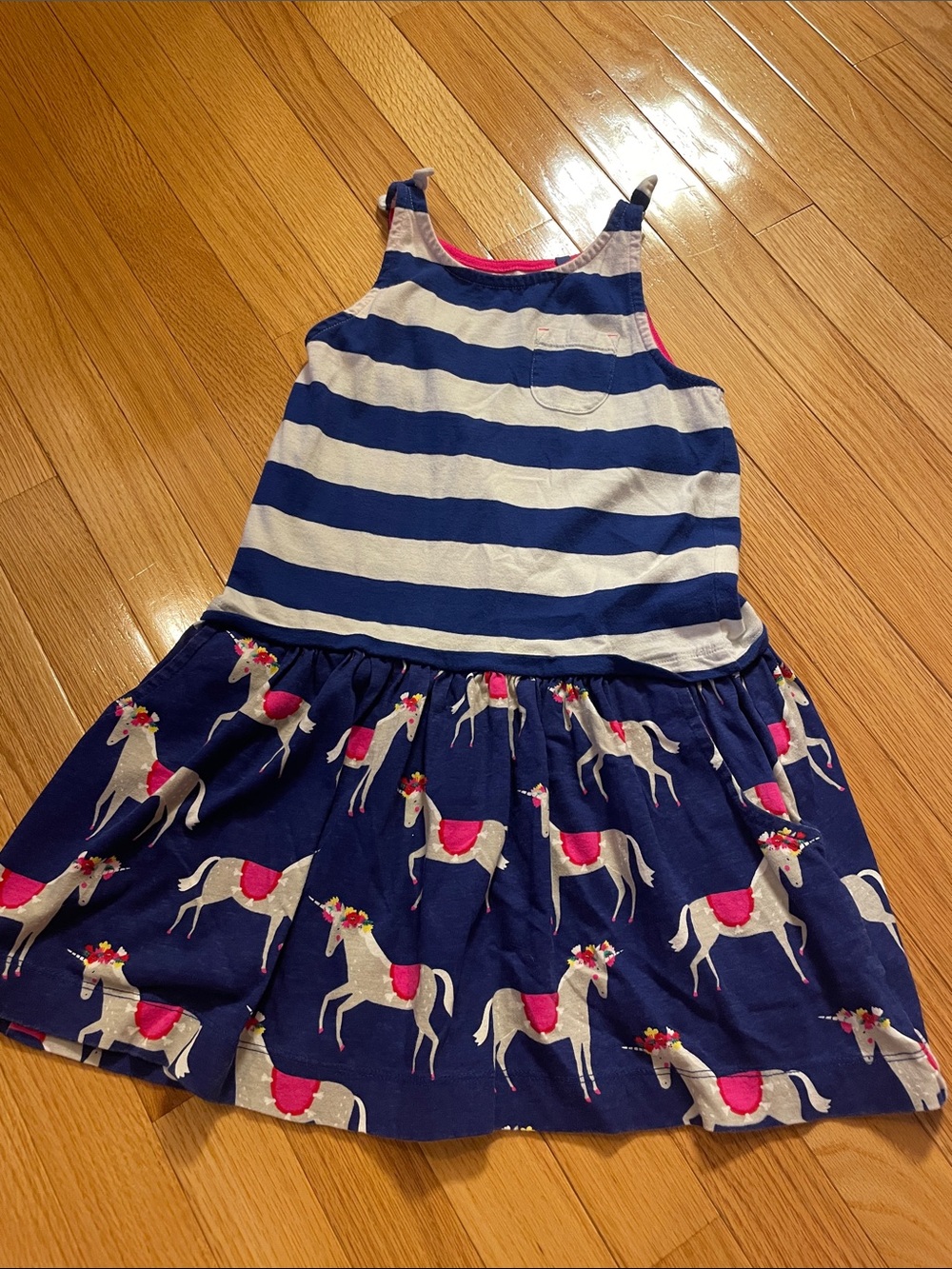 Mini Boden Navy & White Stripe Dress with Pink-Accented Unicorns